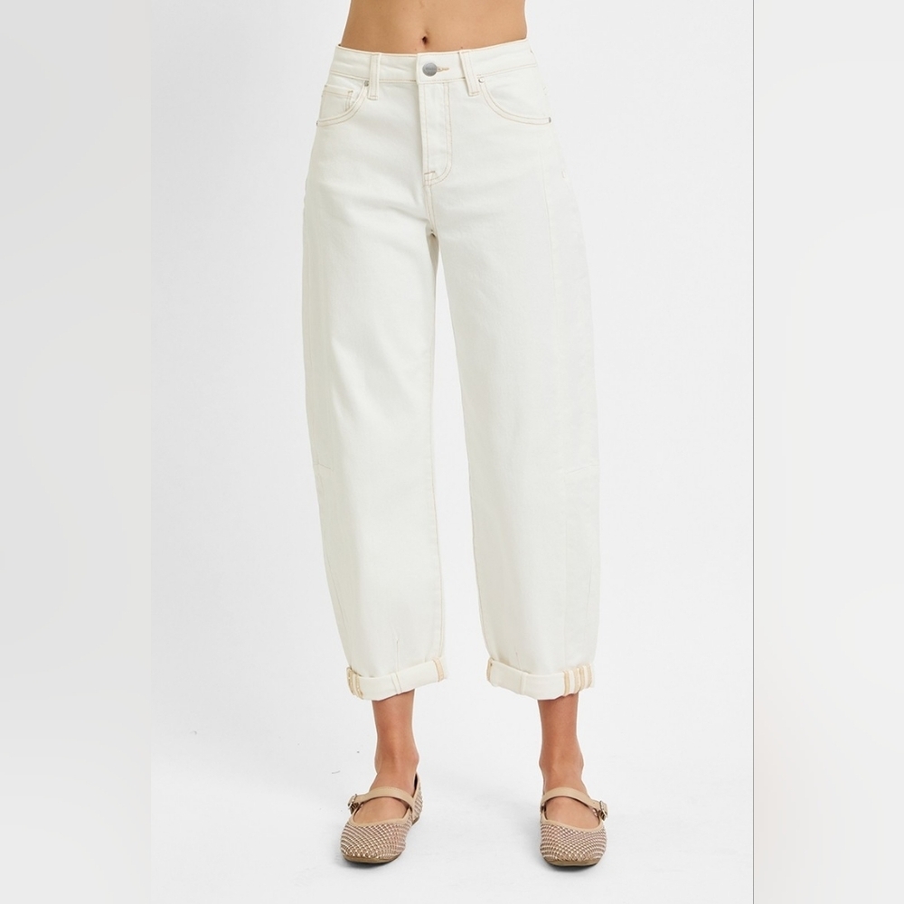 Risen High Rise Barrel Jeans Stretch Cuffed Relaxed Neutral Cream Various NEW - Picture 5 of 12